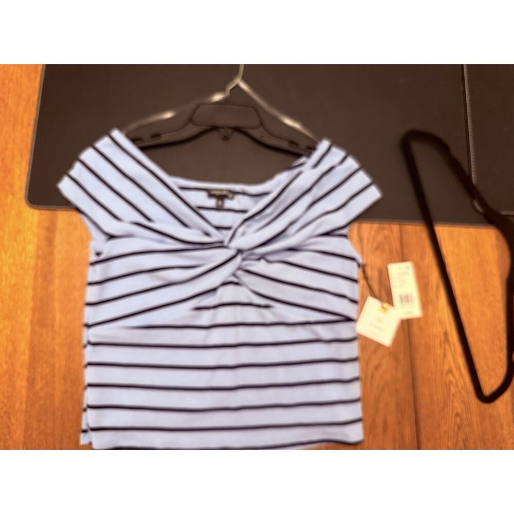 Organically Light Blue Black Striped Knit Off Shoulder Twist Front Top S